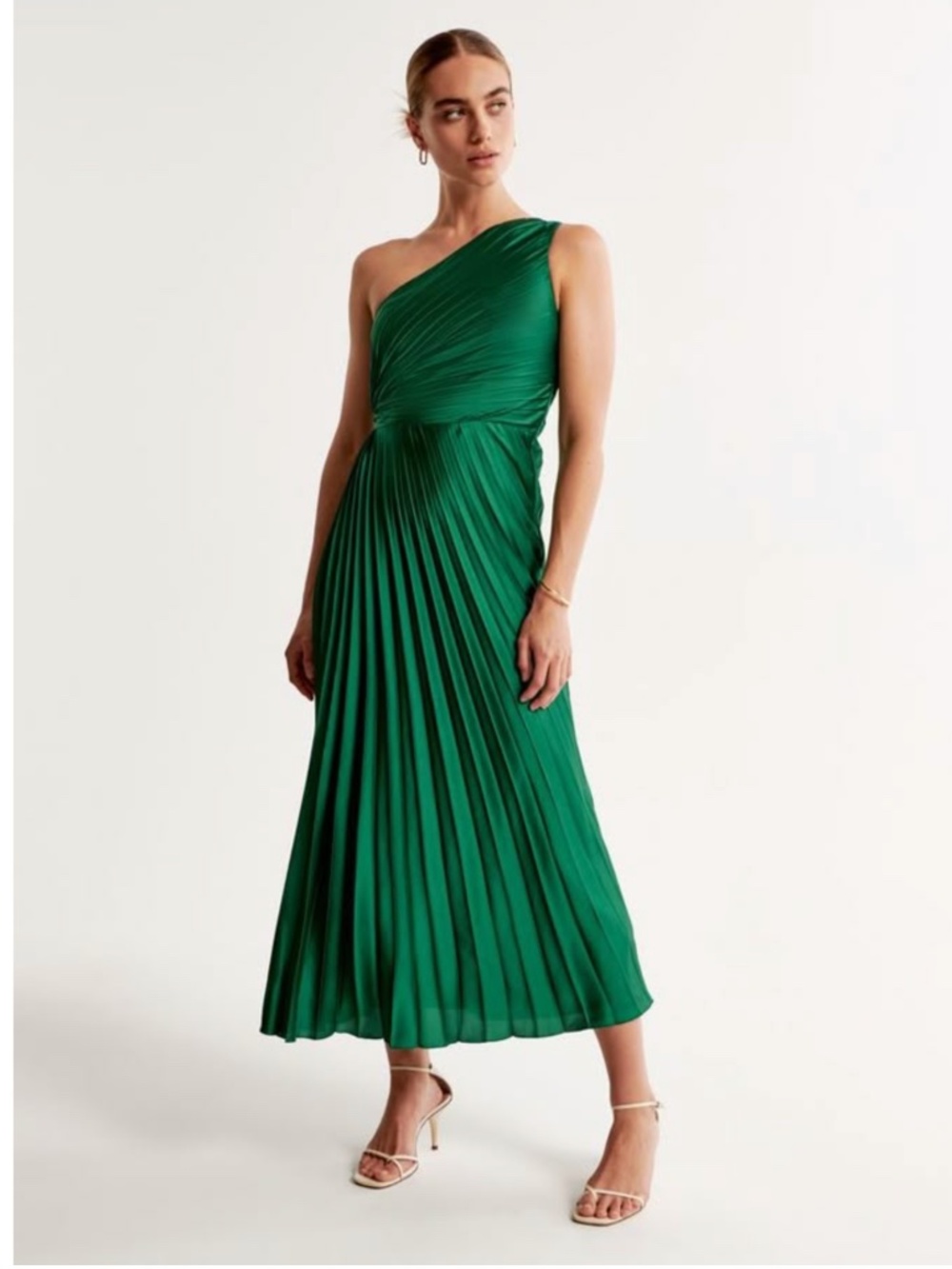 Abercrombie & Fitch Giselle Pleated One-Shoulder Midi Satin Green Dress Medium